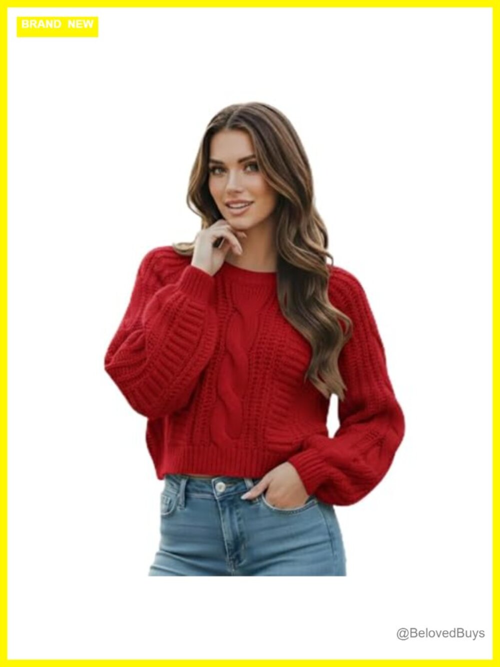 Cropped Cable Knit Sweater Acrylic Long Sleeve Pullover Crew Neck Fall Winter